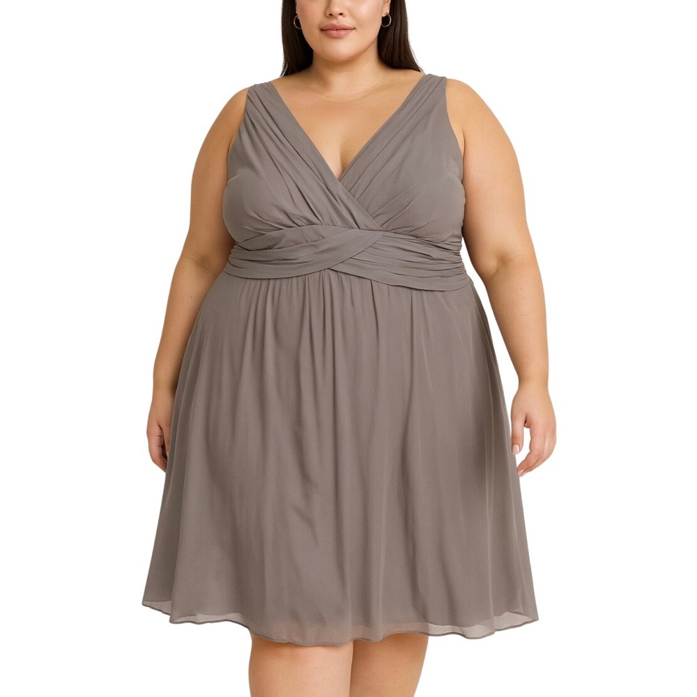 Melissa Sweet Gray 100% Silk V Neck Ruched Grecian Cocktail Dress Plus‎ Size 24